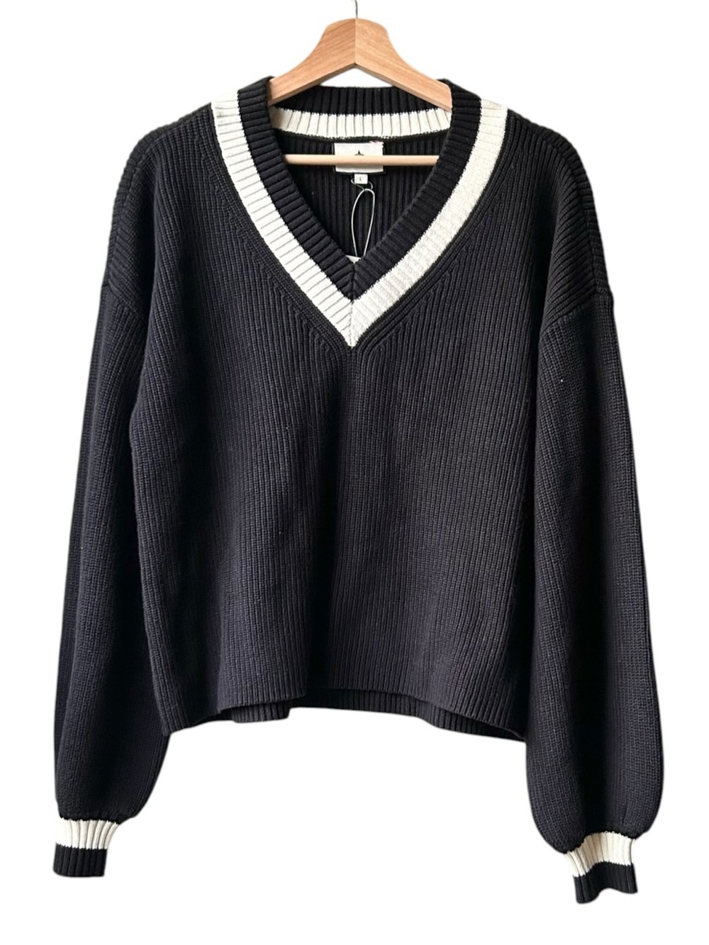 NWT Tuckernuck Black Cream Striped Ashe V neck Sweater Sz L - Picture 6 of 16